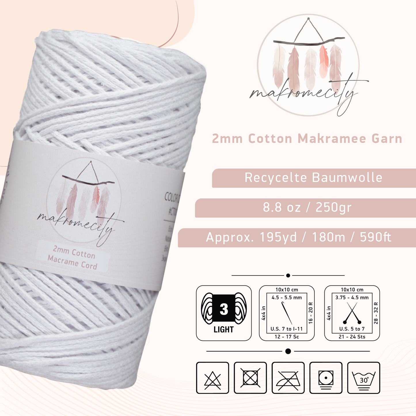 Baumwolle Makramee Garn 2mm x 180m - Weiß