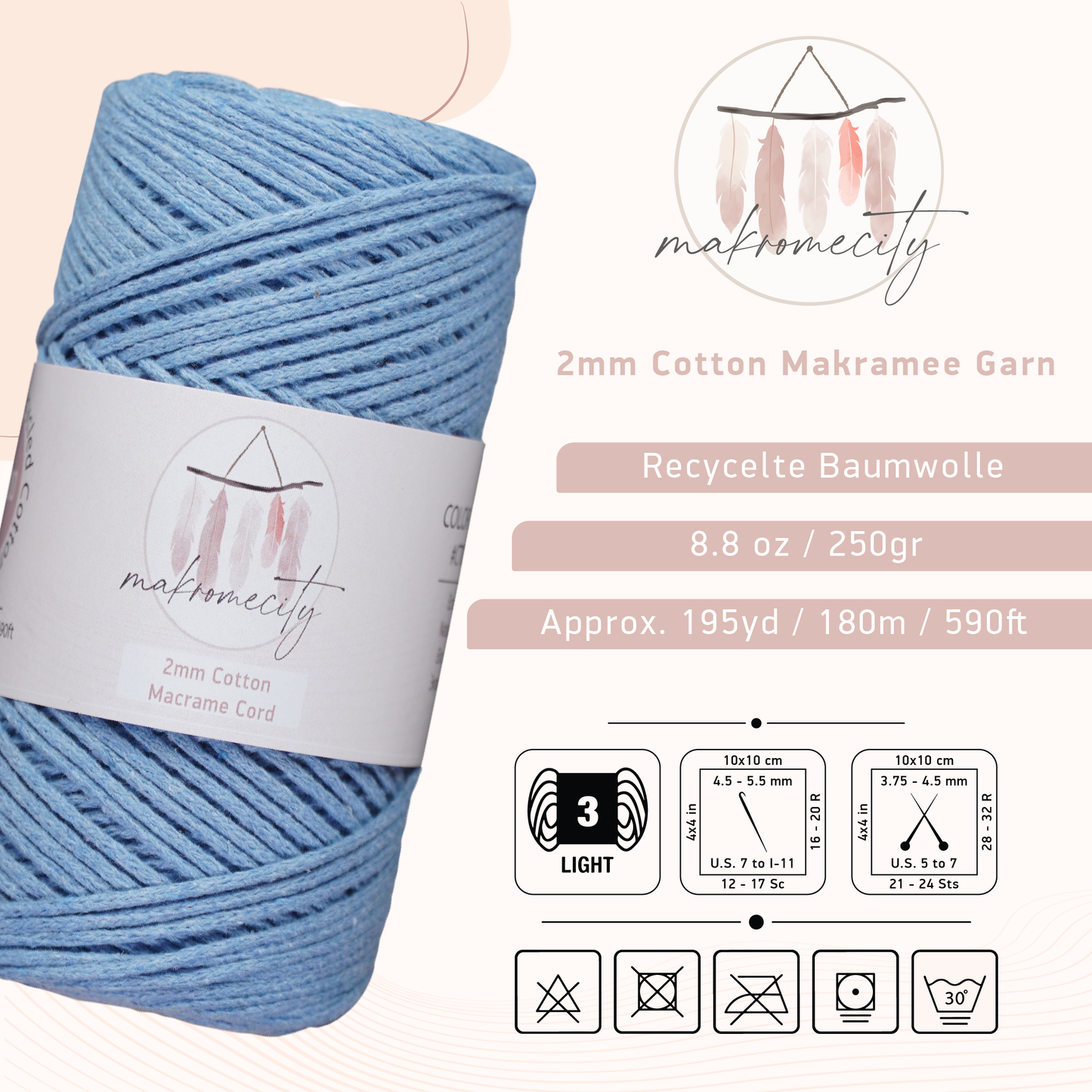 Baumwolle Makramee Garn 2mm x 180m - Babyblau