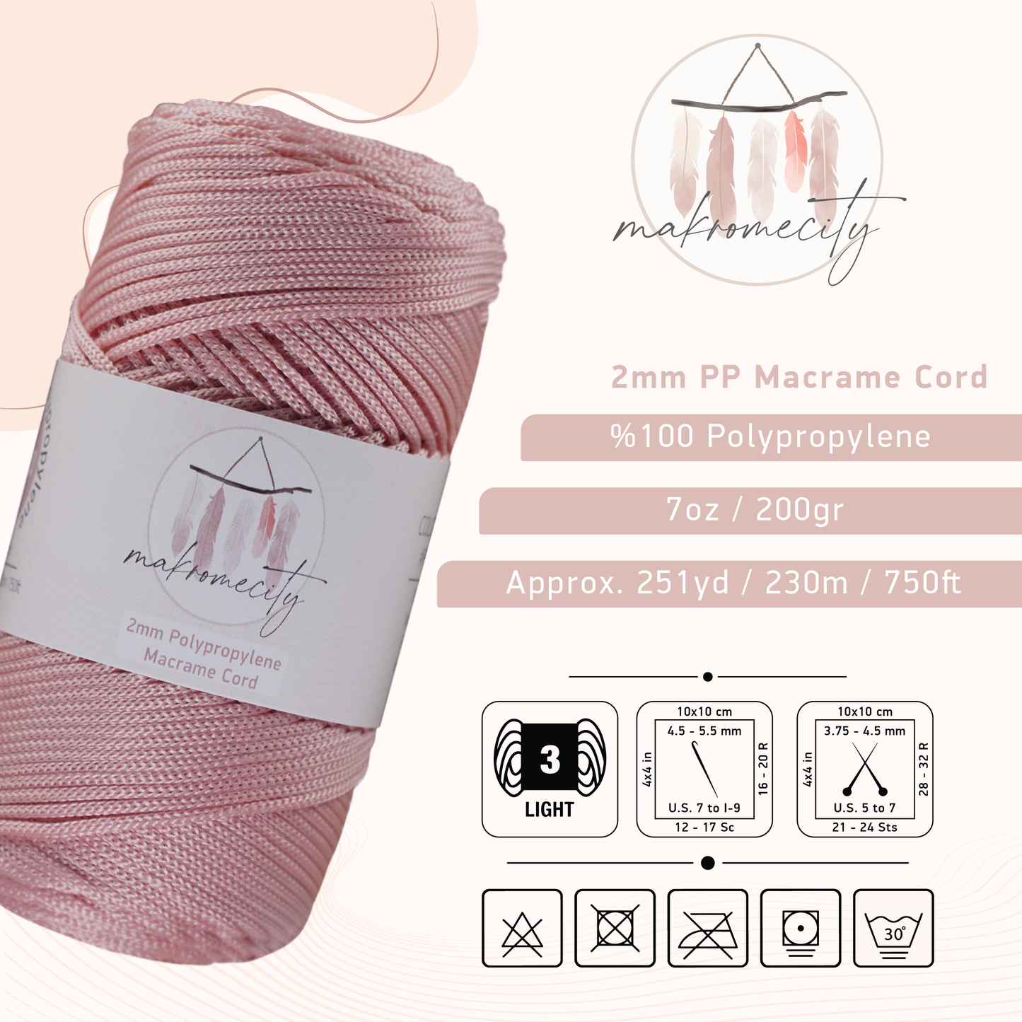 Makramee Garn 2 mm x 115 m Premium-Polyester-Makramee-Kordel – Baby Pinke