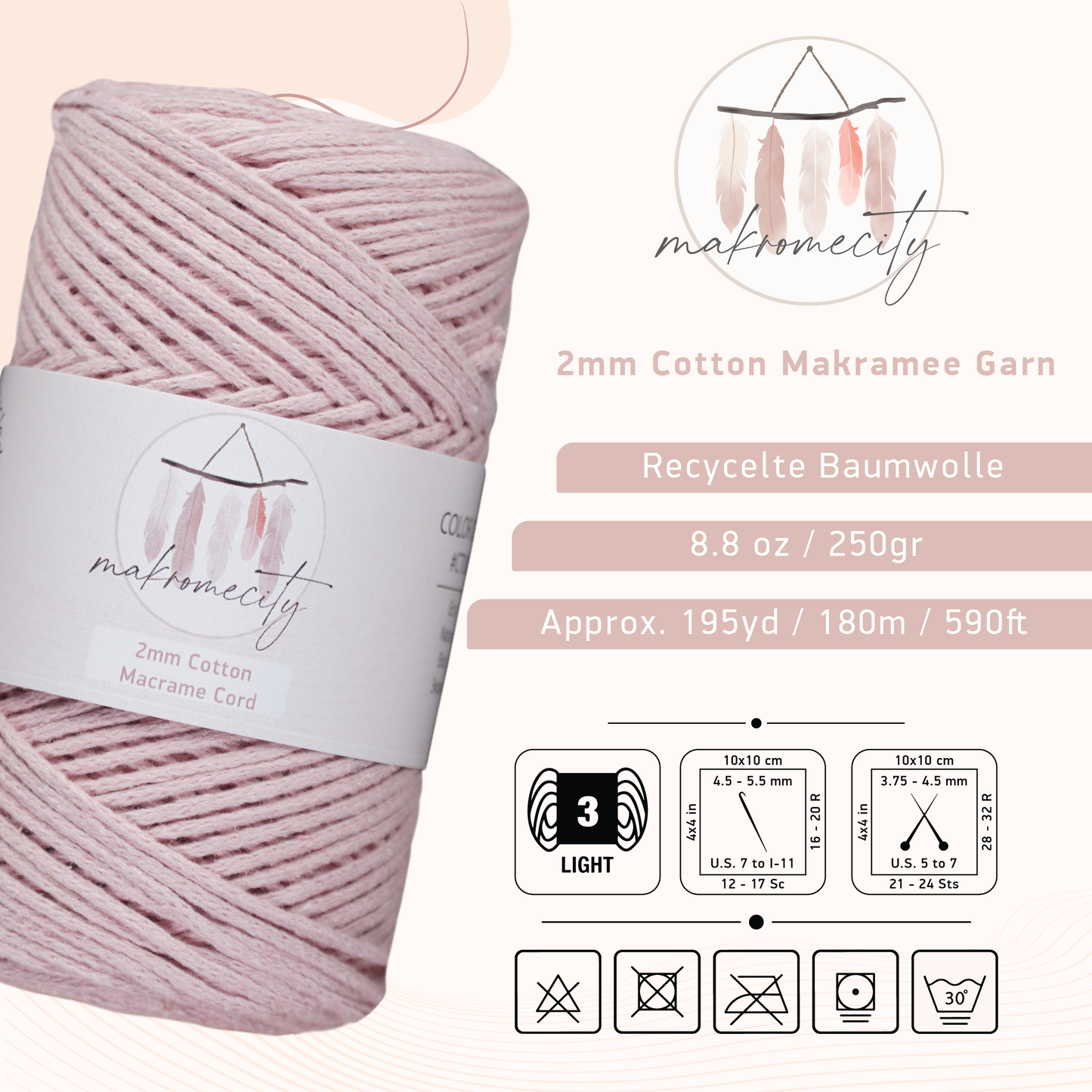 Baumwolle Makramee Garn 2mm x 180m - Babyrosa