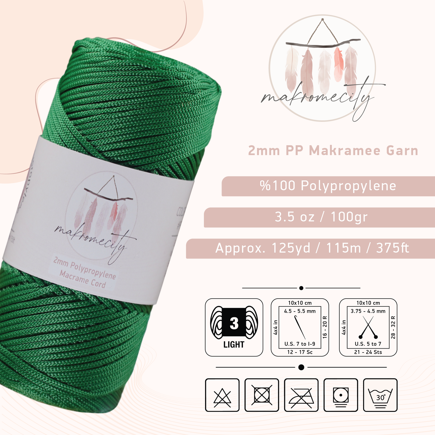 Makramee Garn 2 mm x 115 m Premium-Polyester-Makramee-Schnur – Benetton Grün
