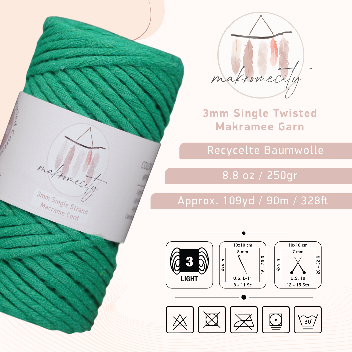 Makramee Garn 3 mm x 100 m Premium Single Twisted Makramee-Schnur – Benetton Grün