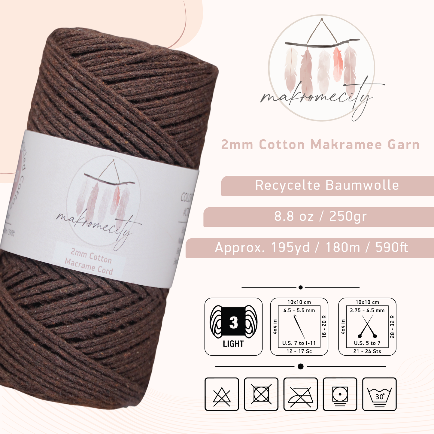 Baumwolle Makramee Garn 2mm x 180m - Bitterkaffee