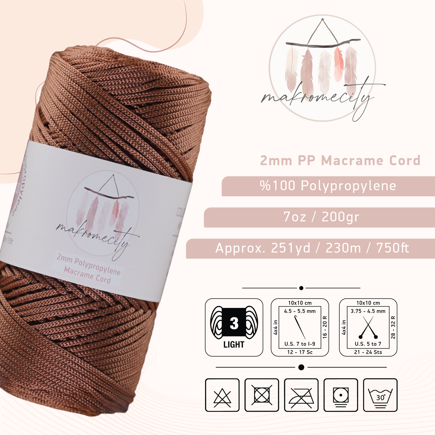 Makramee-Kordel aus Polyester, 2 mm x 250 Yards (750 Fuß) – Kupfer