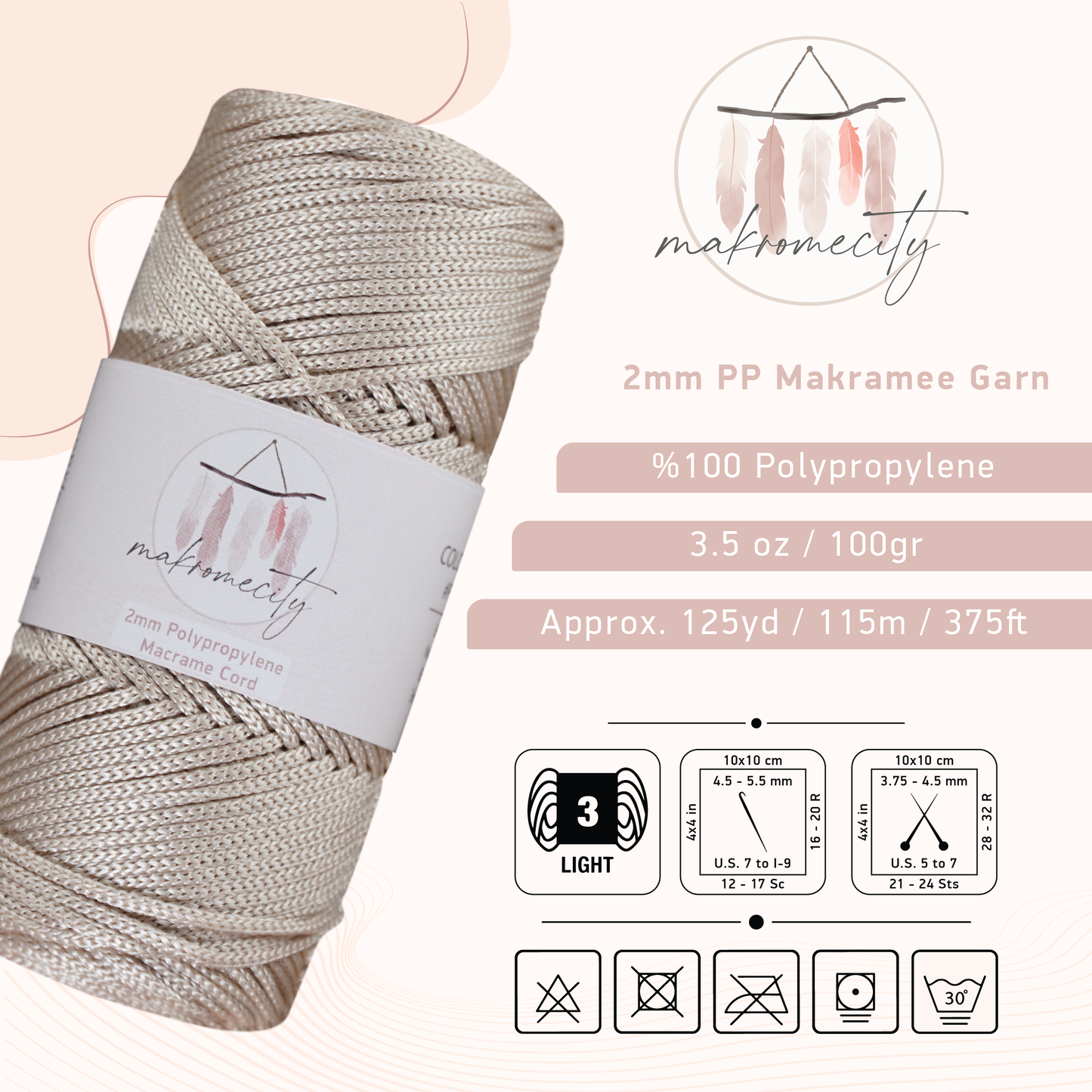 Makramee Garn 2 mm x 115 m Premium-Polyester-Makramee-Kordel – Latte