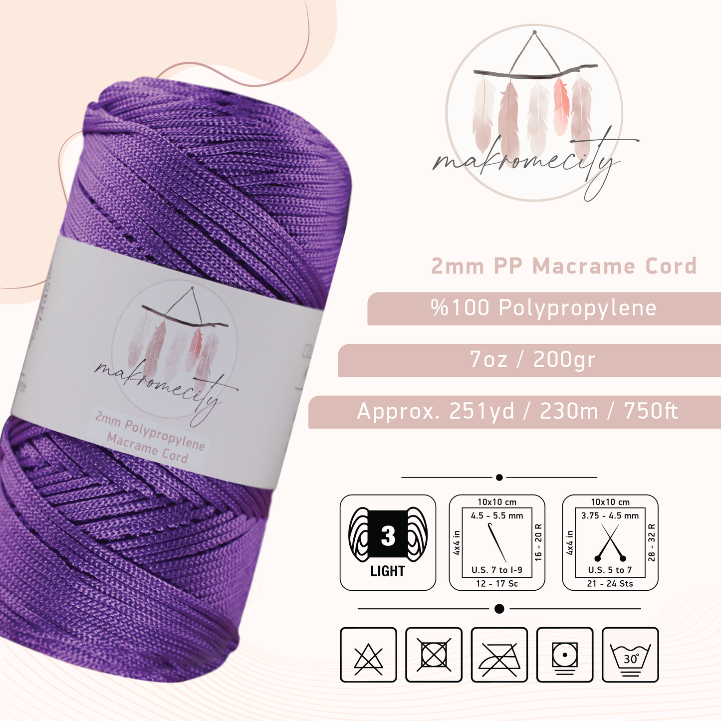 Makramee-Kordel aus Polyester, 2 mm x 250 Yards (750 Fuß) – Flieder