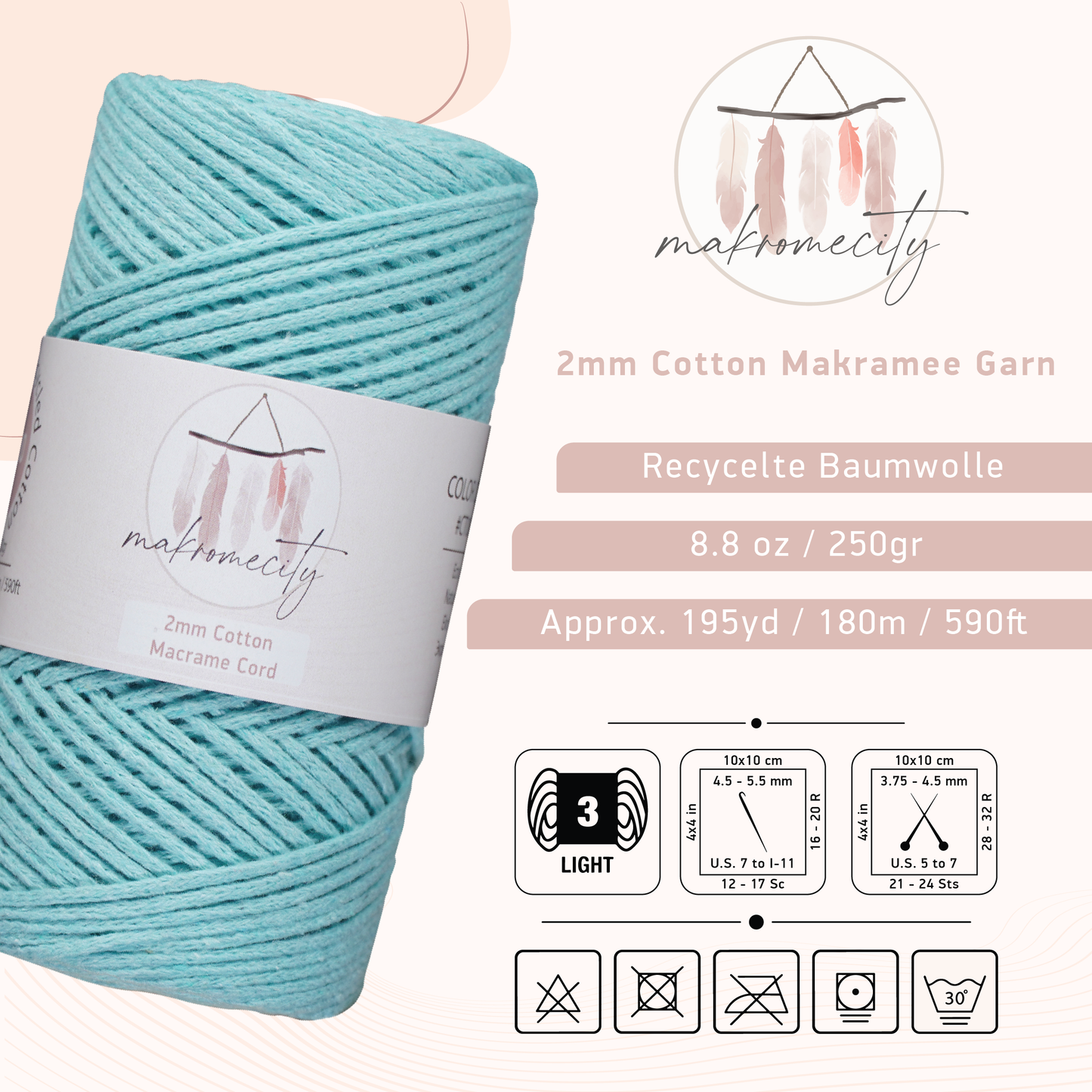 Baumwolle Makramee Garn 2mm x 180m - Minze