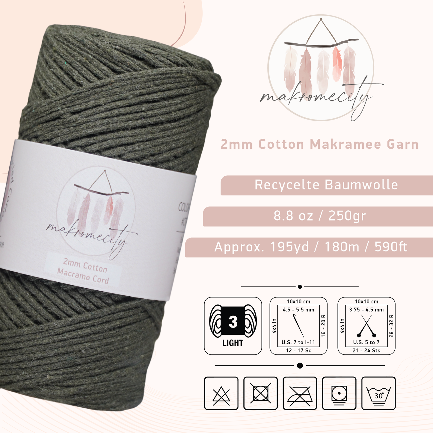 Baumwolle Makramee Garn 2mm x 180m - Olivegrün