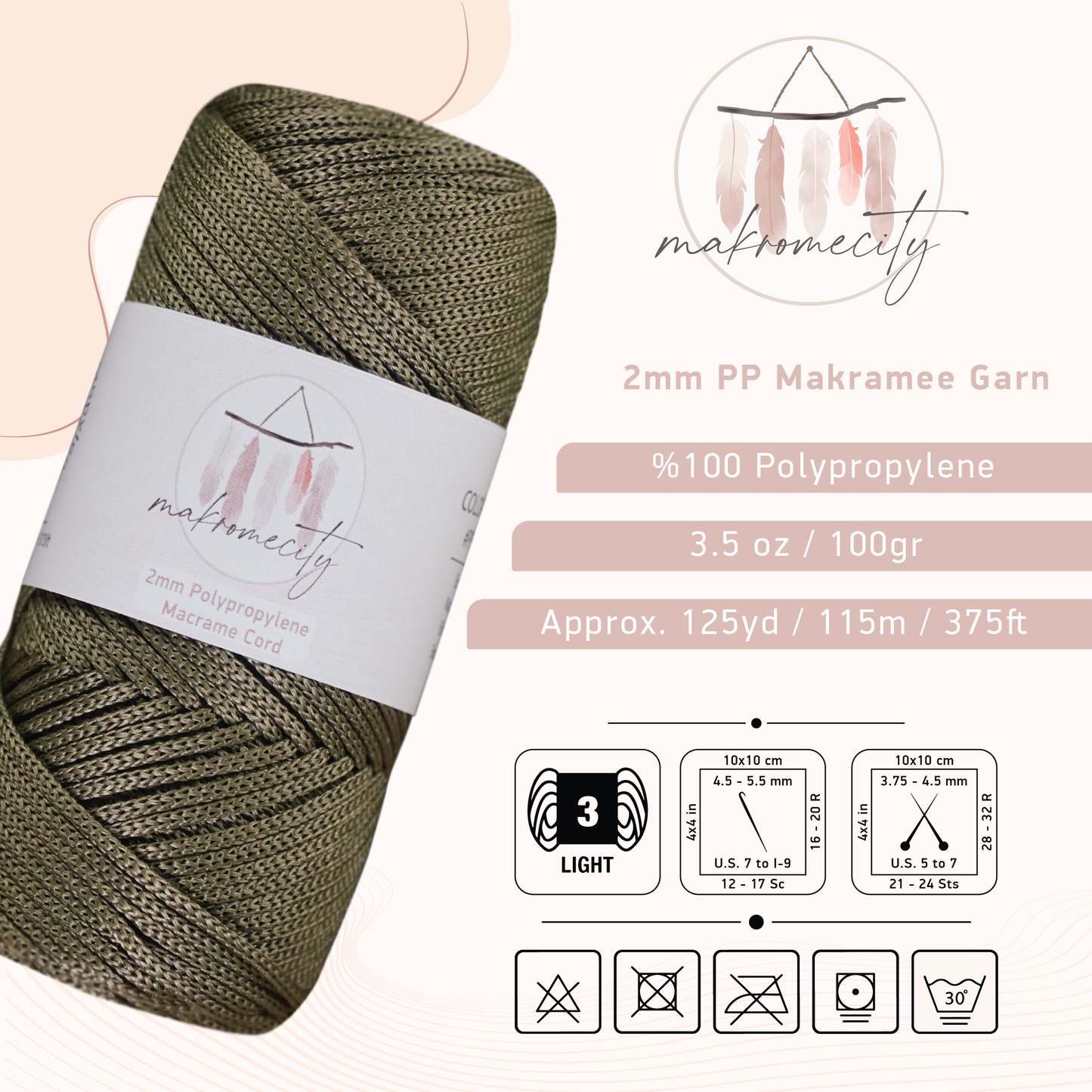 Makramee Garn 2mm x 115m Premium Polyester Makrameeschnur - Olivgrün