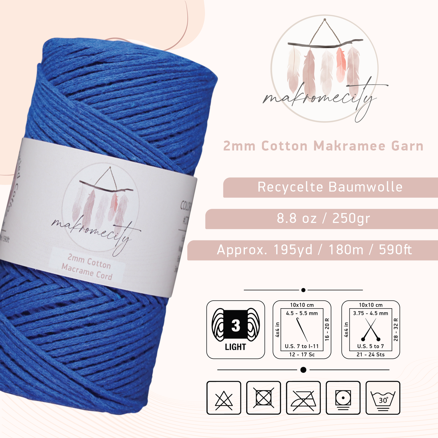 Baumwolle Makramee Garn 2mm x 180m - Sax Blau