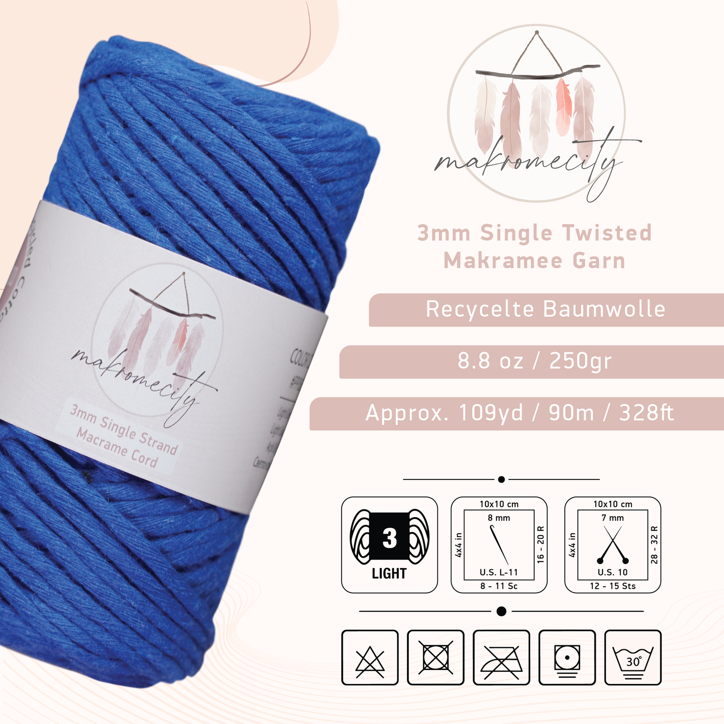 Makramee Garn 3 mm x 100 m Premium Single Twisted Makramee-Schnur – Saxophon Blau
