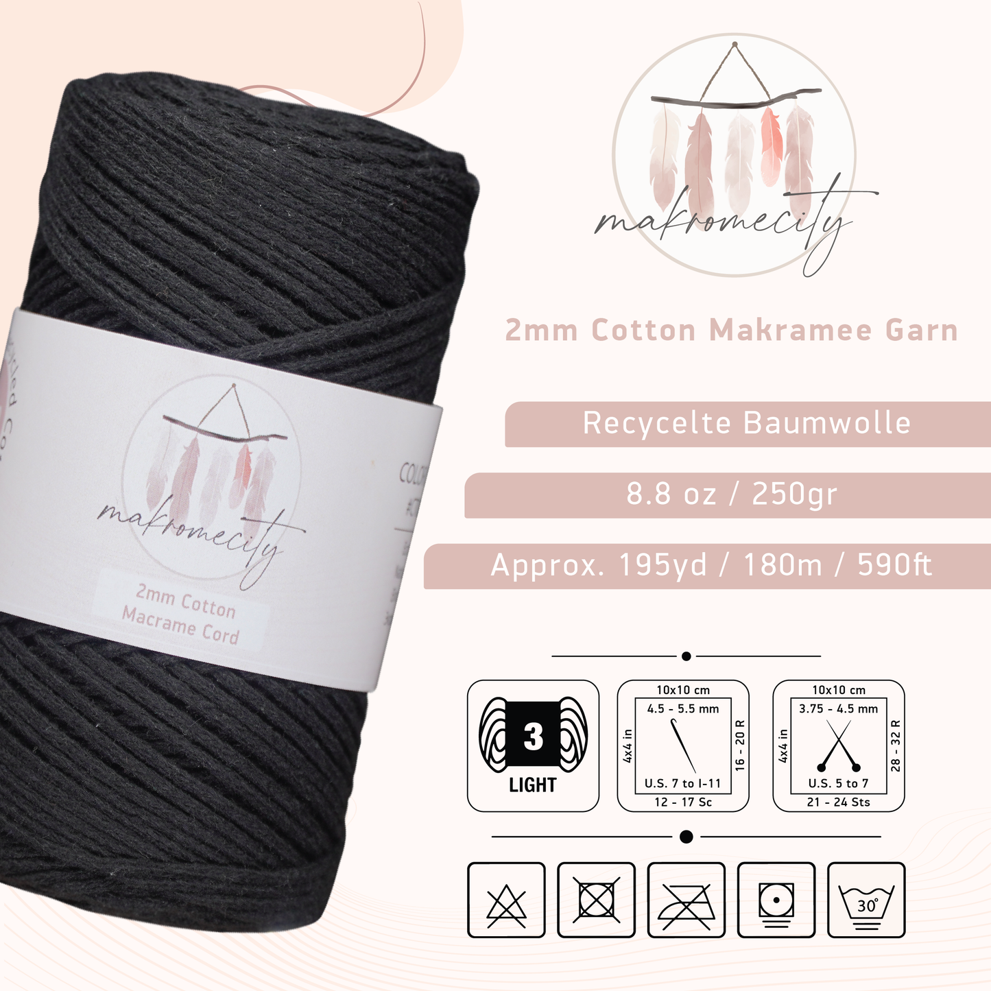 Baumwolle Makramee Garn 2mm x 180m - Schwarz