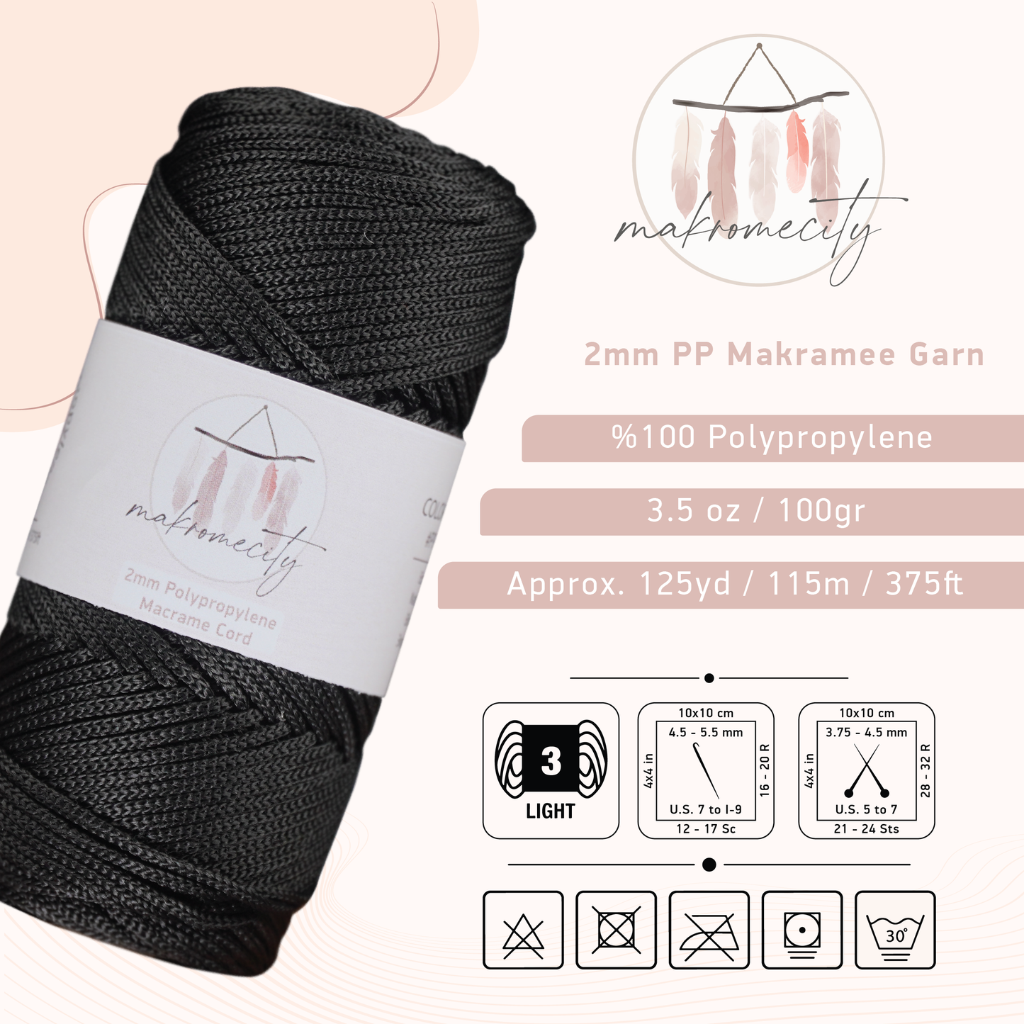 Makramee Garn 2mm x 115m Premium Polyester Makrameeschnur - Schwarz
