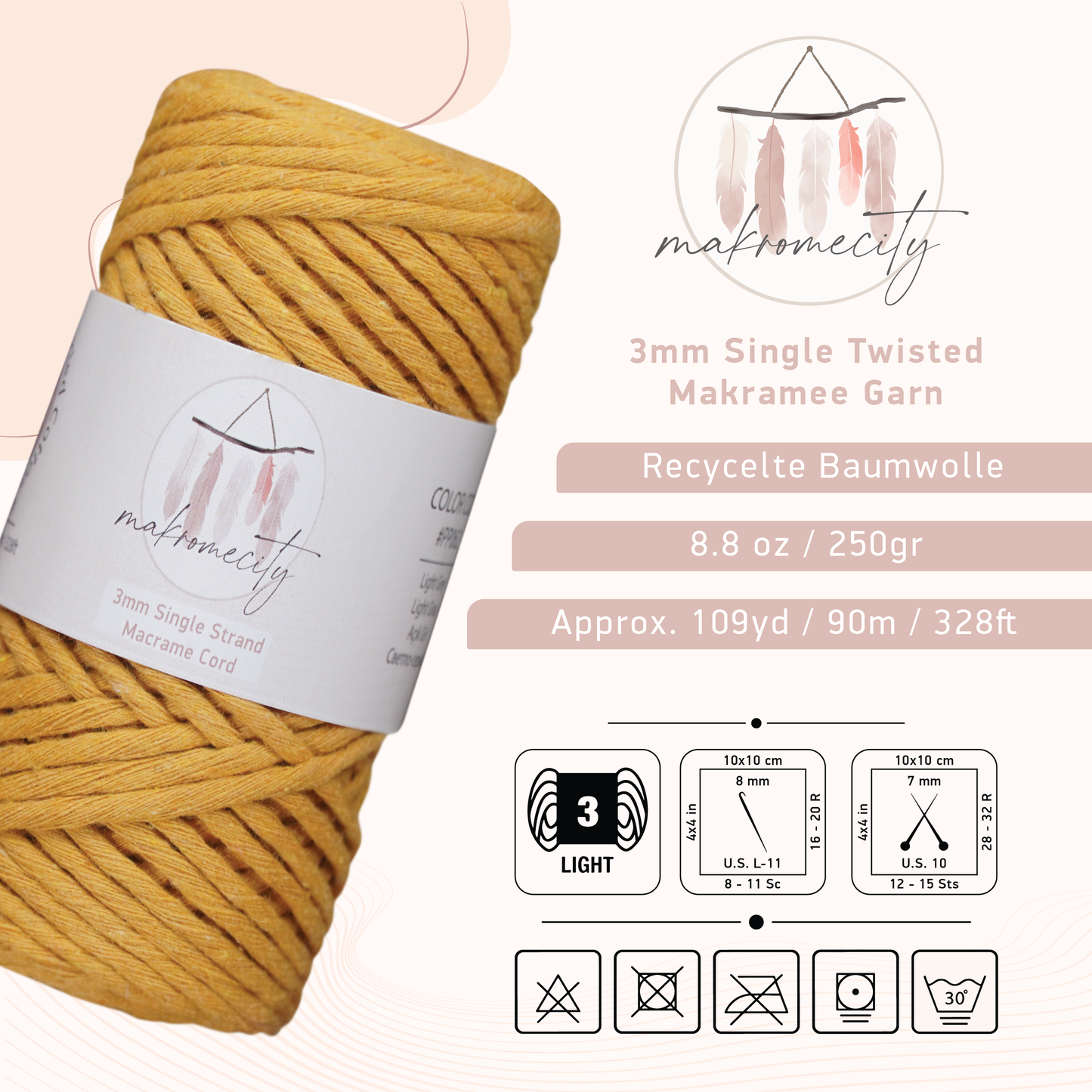 Makramee Garn 3mm x 100m Premium Single Twisted Macrame Cord - Senf
