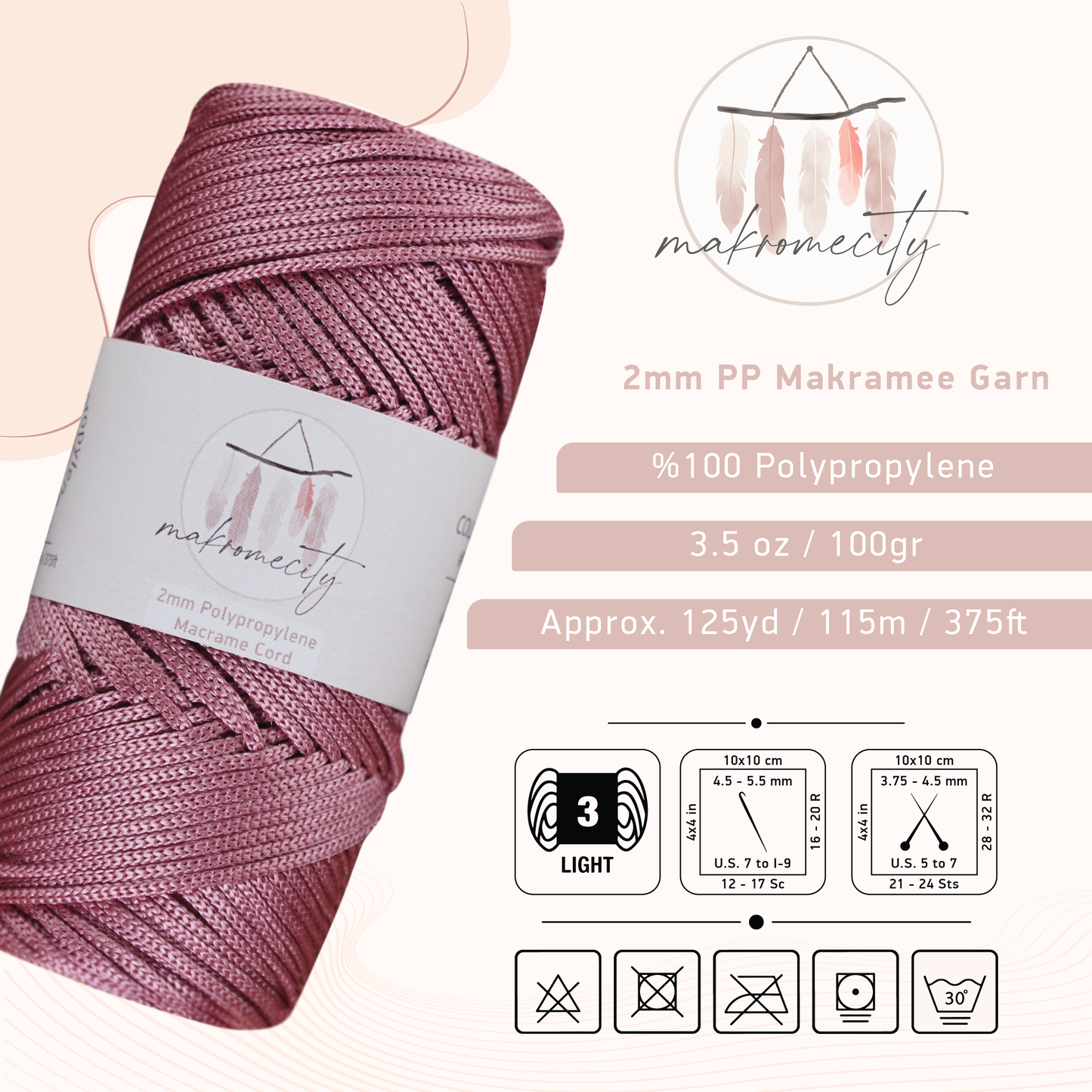 Makramee Garn 2 mm x 115 m Premium-Polyester-Makramee-Kordel – Staubige Rose