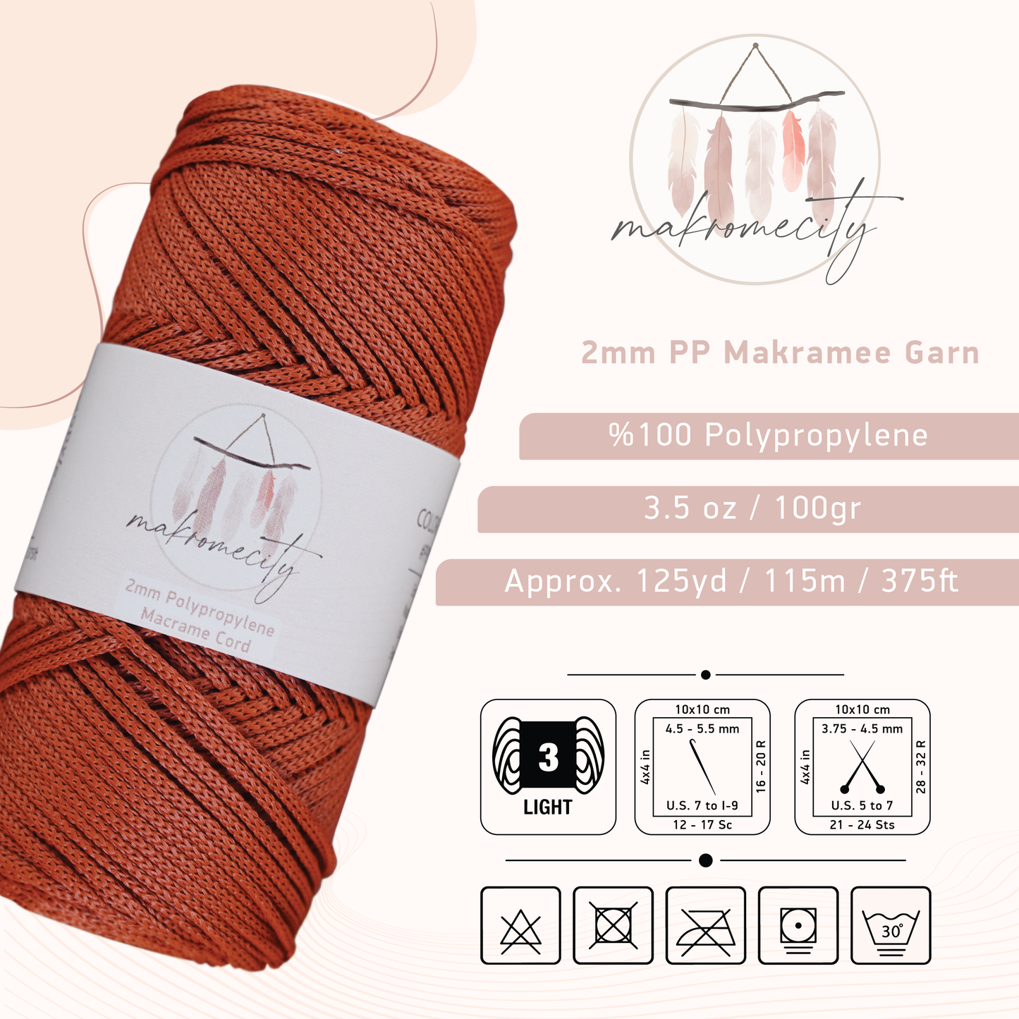 Makramee Garn 2 mm x 115 m Premium-Polyester-Makrameeschnur – Ziegel
