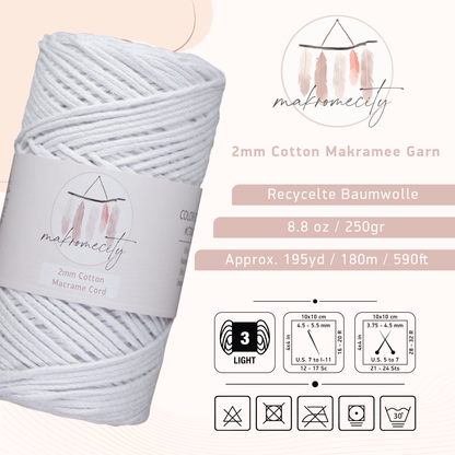 Baumwolle Makramee Garn 2mm x 180m - Weiß