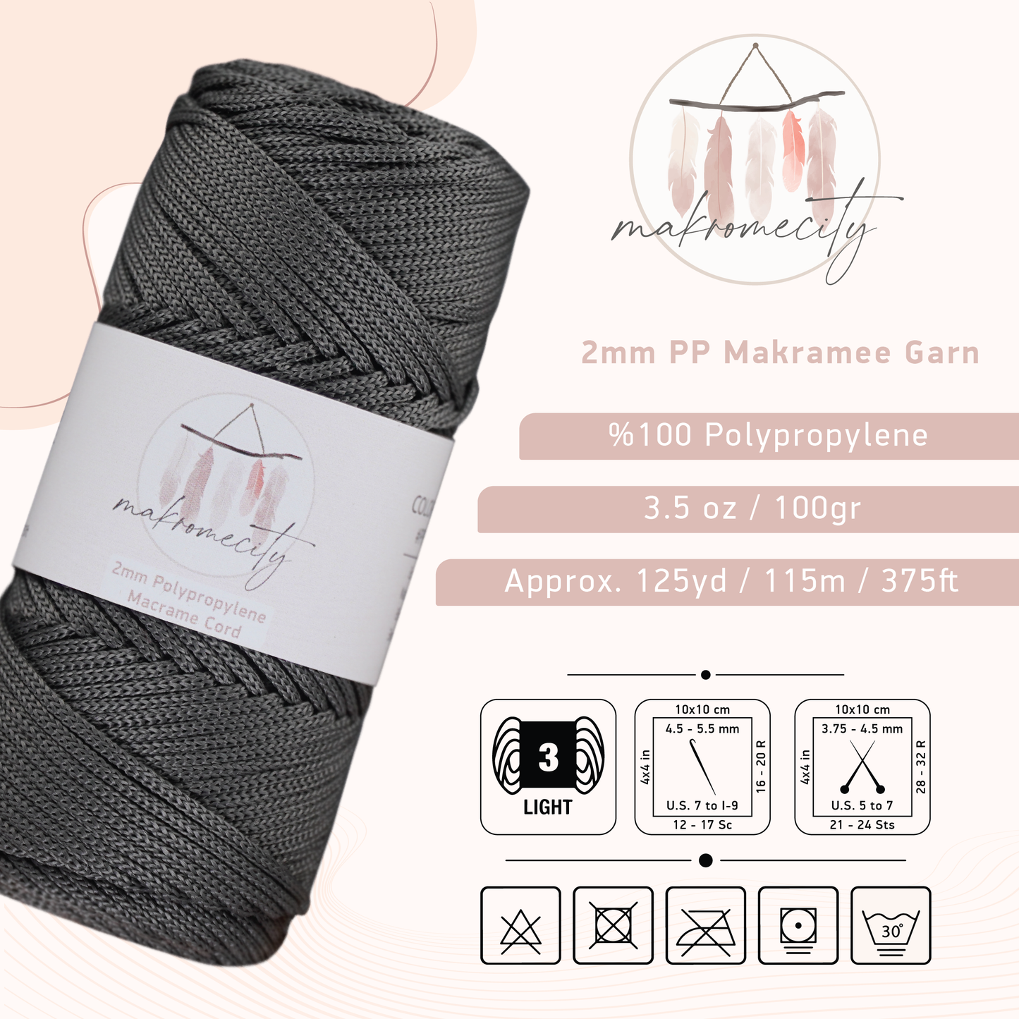 Makramee Garn 2mm x 115m Premium Polyester Macrame Cord - Anthrazit