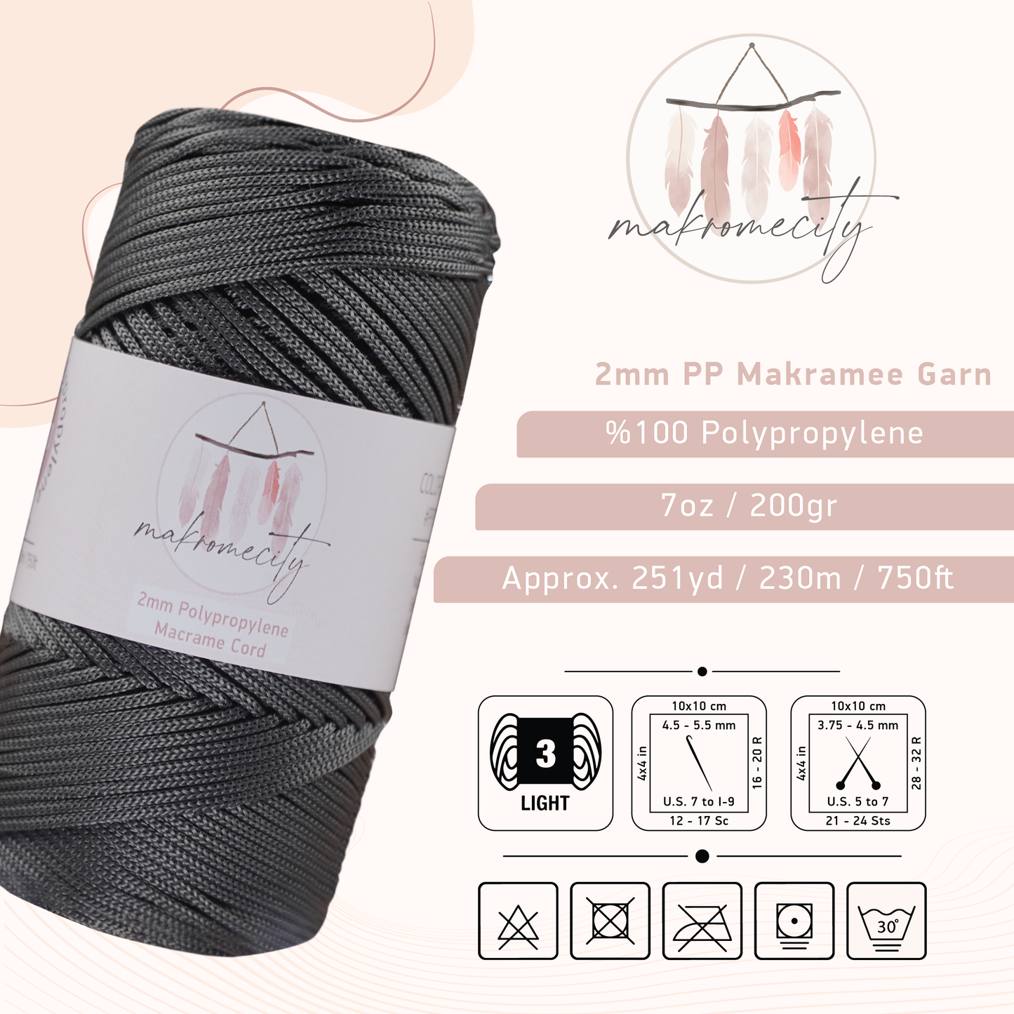 Makramee Garn 2mm x 230m Premium Polyester Macrame Cord - Anthrazit