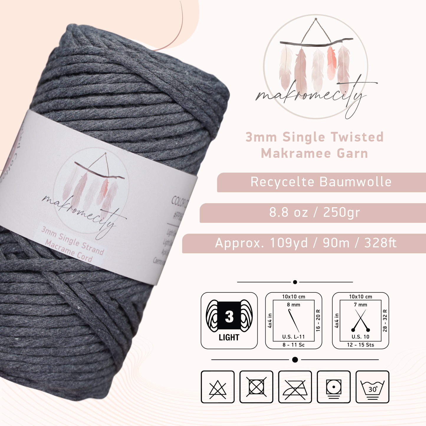 Makramee Garn 3mm x 100m Premium Single Twisted Macrame Cord - Anthrazite