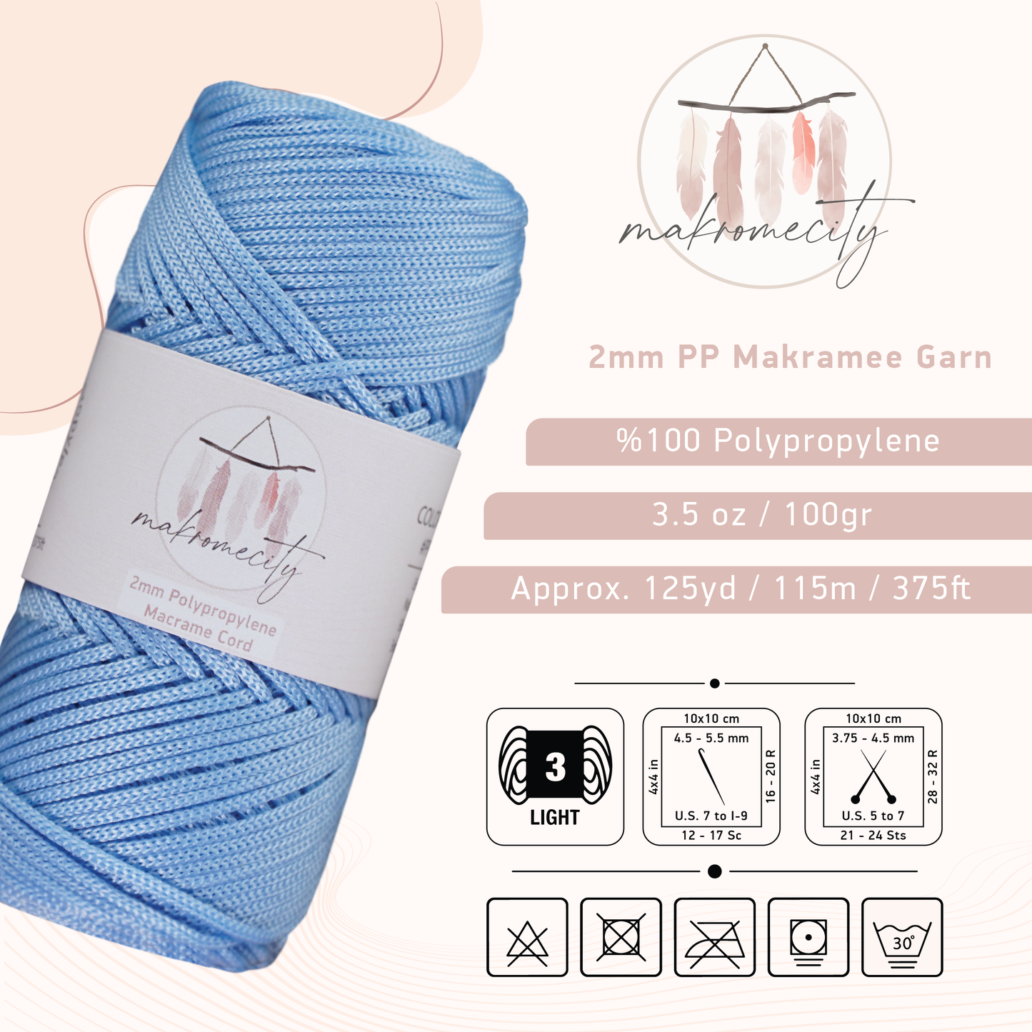 Makramee Garn 2 mm x 115 m Premium-Polyester-Makramee-Kordel – Babyblau 