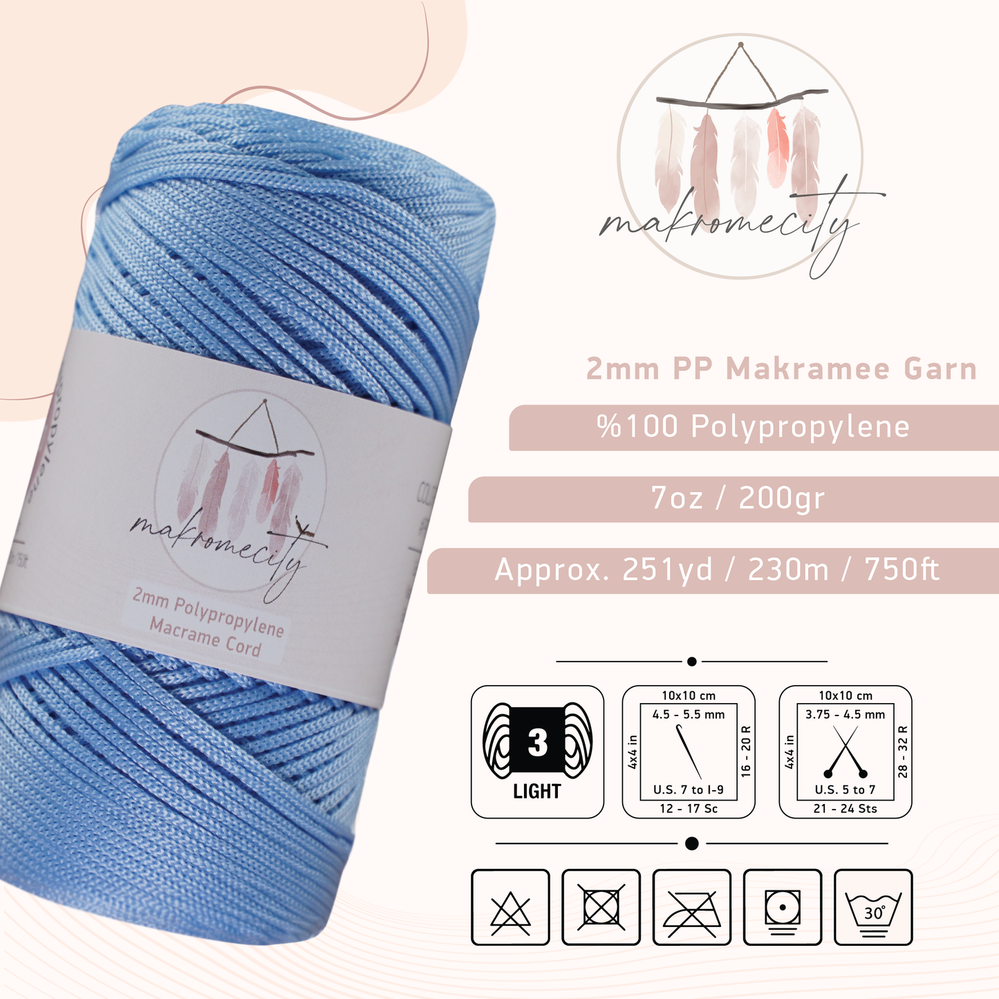 Makramee Garn 2mm x 230m Premium Polyester Makrameeschnur - Babyblau 