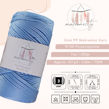 Makramee Garn 2mm x 230m Premium Polyester Macrame Cord - Babyblau