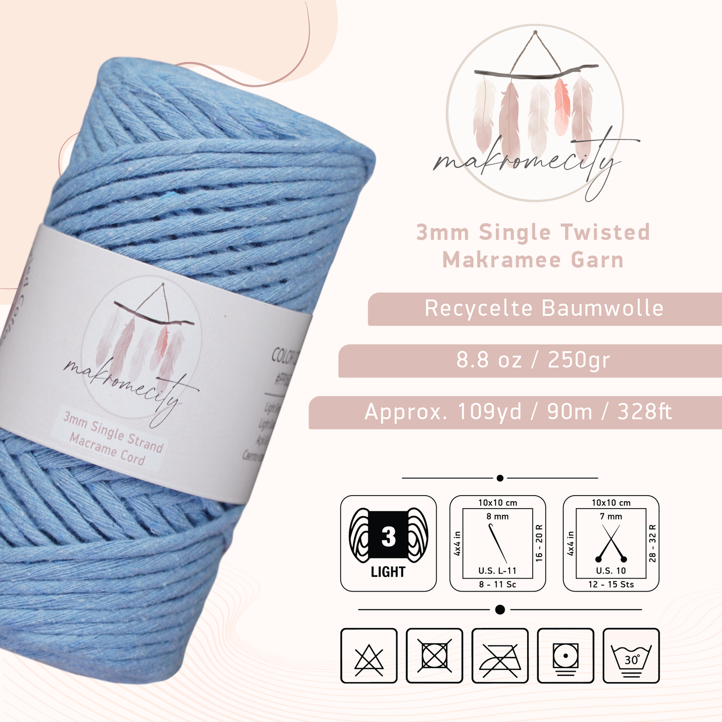 Makramee Garn 3 mm x 100 m Premium Single Twisted Makramee-Schnur – Babyblau 