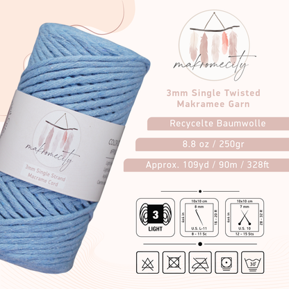 Makramee Garn 3 mm x 100 m Premium Single Twisted Makramee-Schnur – Babyblau 