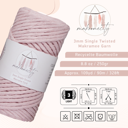 Makramee Garn 3 mm x 100 m Premium Single Twisted Makramee-Kordel – Babyrosa 