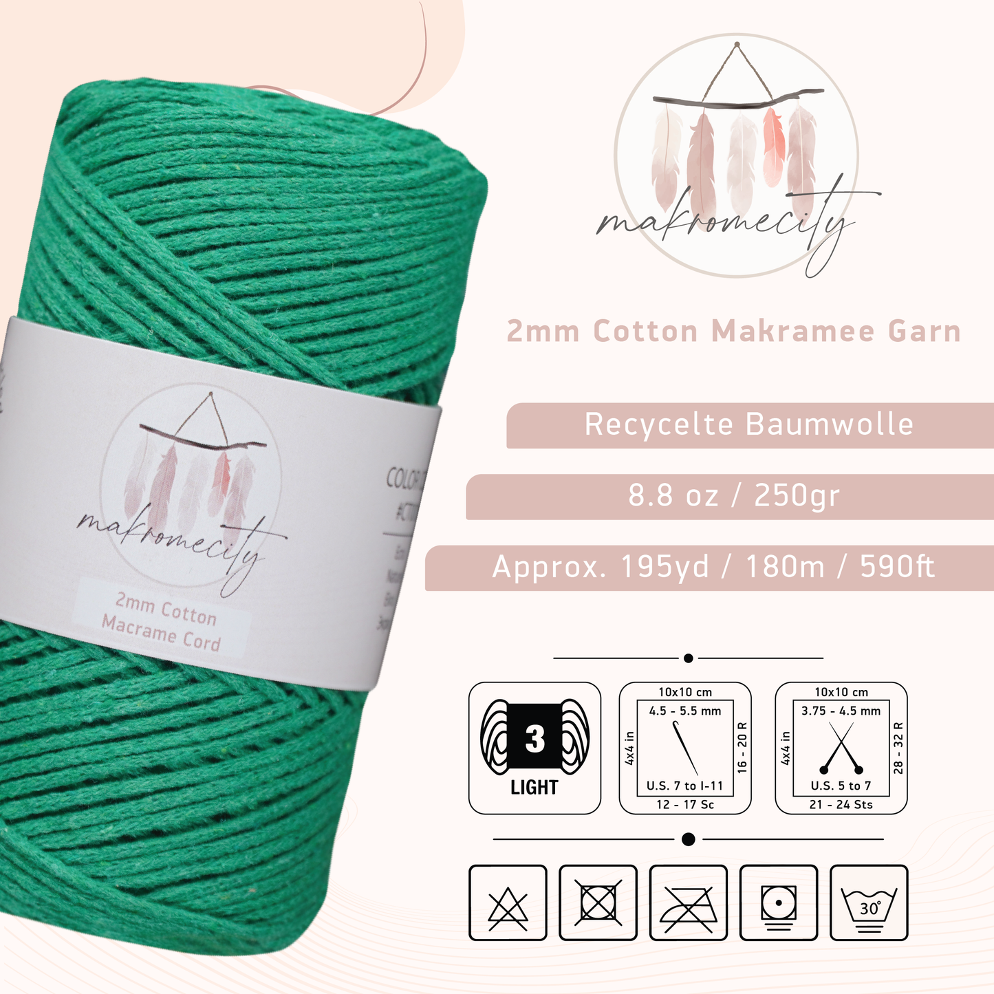 Baumwolle Makramee Garn 2mm x 180m - Benetton Grün 