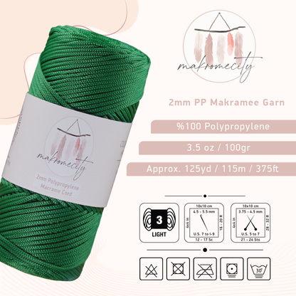 Makramee Garn 2 mm x 115 m Premium-Polyester-Makramee-Schnur – Benetton Grün 