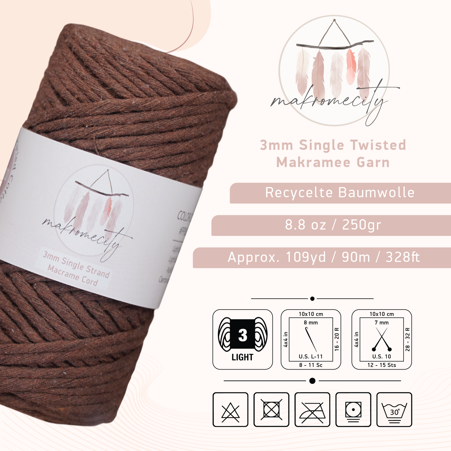 Makramee Garn 3 mm x 100 m Premium Single Twisted Makramee-Schnur – Bitterkaffee 