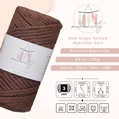 Makramee Garn 3 mm x 100 m Premium Single Twisted Makramee-Schnur – Bitterkaffee 