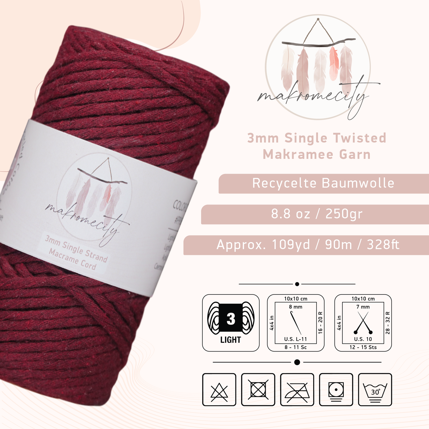 Makramee Garn 3 mm x 100 m Premium Single Twisted Makramee-Schnur – Burgunderrot 