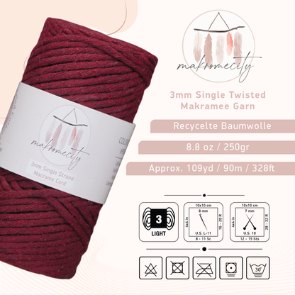 Makramee Garn 3 mm x 100 m Premium Single Twisted Makramee-Schnur – Burgunderrot 