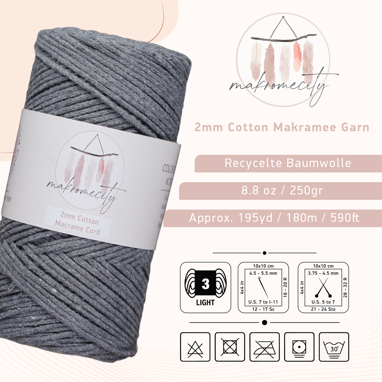 Baumwolle Makramee Garn 2mm x 180m - Dark Grau