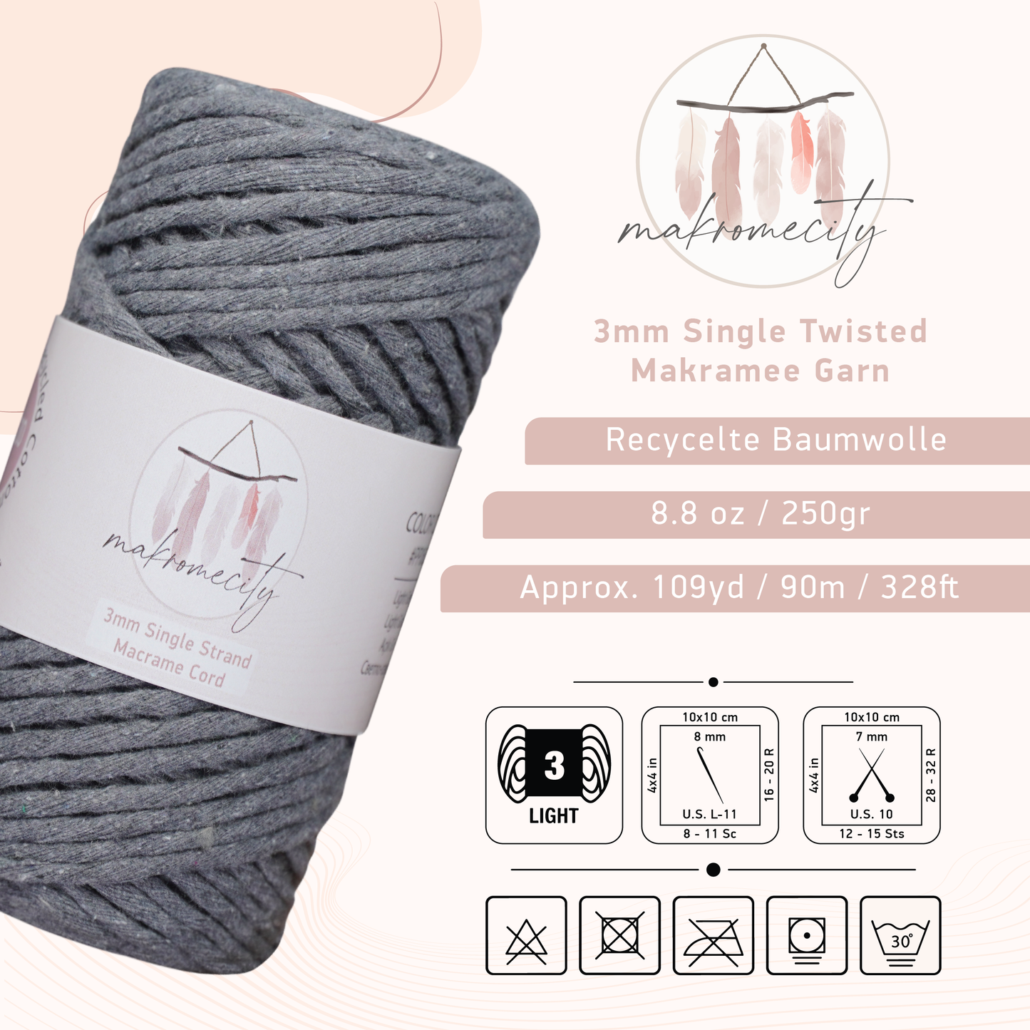 Makramee Garn 3 mm x 100 m Premium Single Twisted Makramee-Schnur – Dunkelgrau 