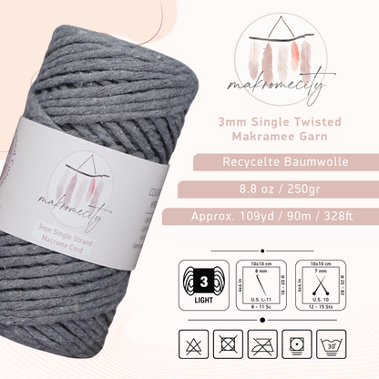 Makramee Garn 3 mm x 100 m Premium Single Twisted Makramee-Schnur – Dunkelgrau 