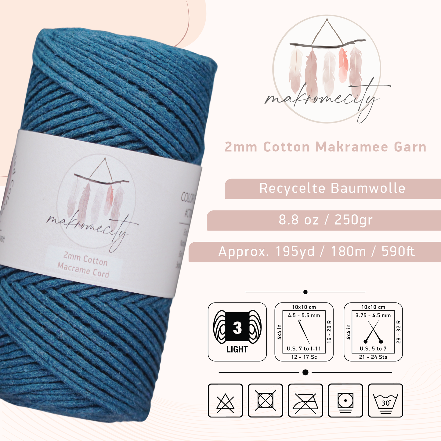 Baumwolle Makramee Garn 2mm x 180m - Denim Blau