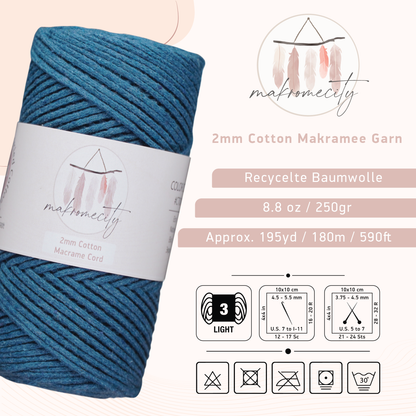 Baumwolle Makramee Garn 2mm x 180m - Denim Blau