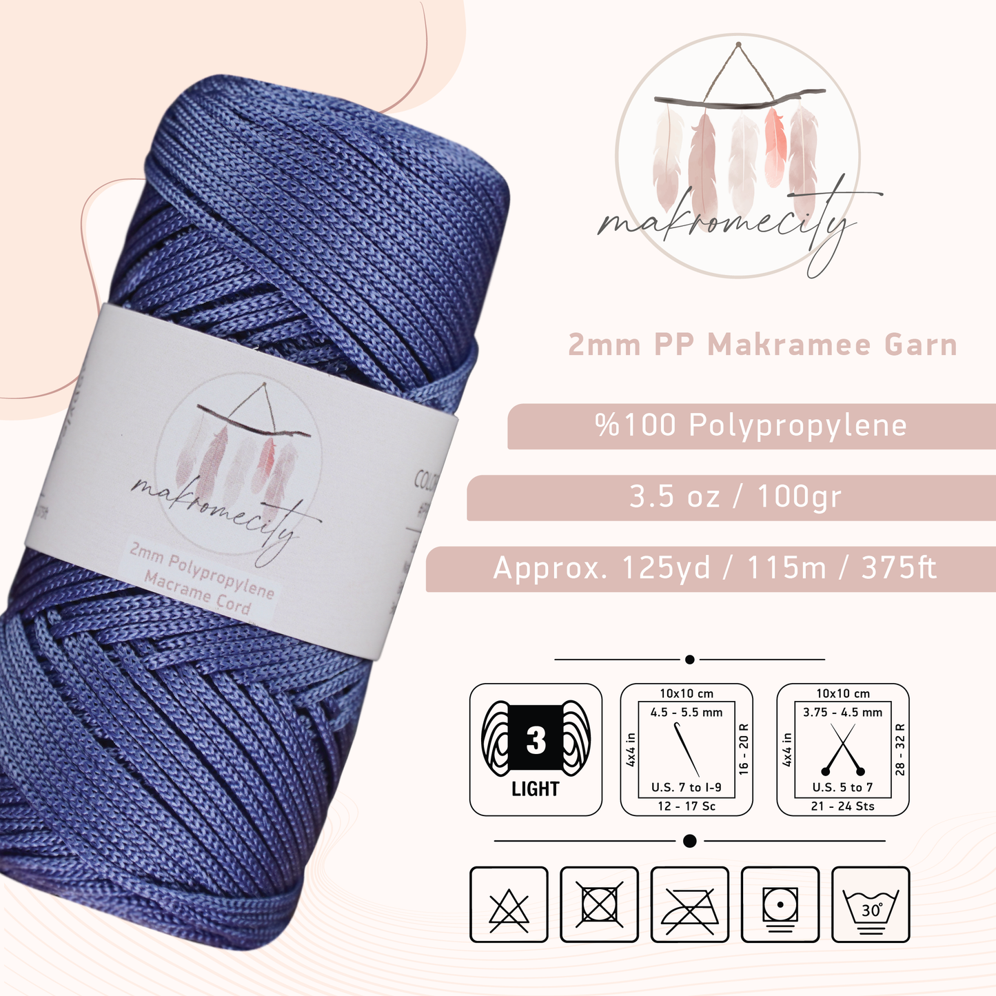 Makramee Garn 2mm x 115m Premium Polyester Macrame Cord - Denim Blau