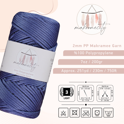 Makramee Garn 2mm x 230m Premium Polyester Macrame Cord - Denim Blau