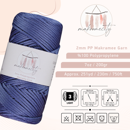 Makramee Garn 2 mm x 230 m Premium-Polyester-Makramee-Kordel – Denim Blau 