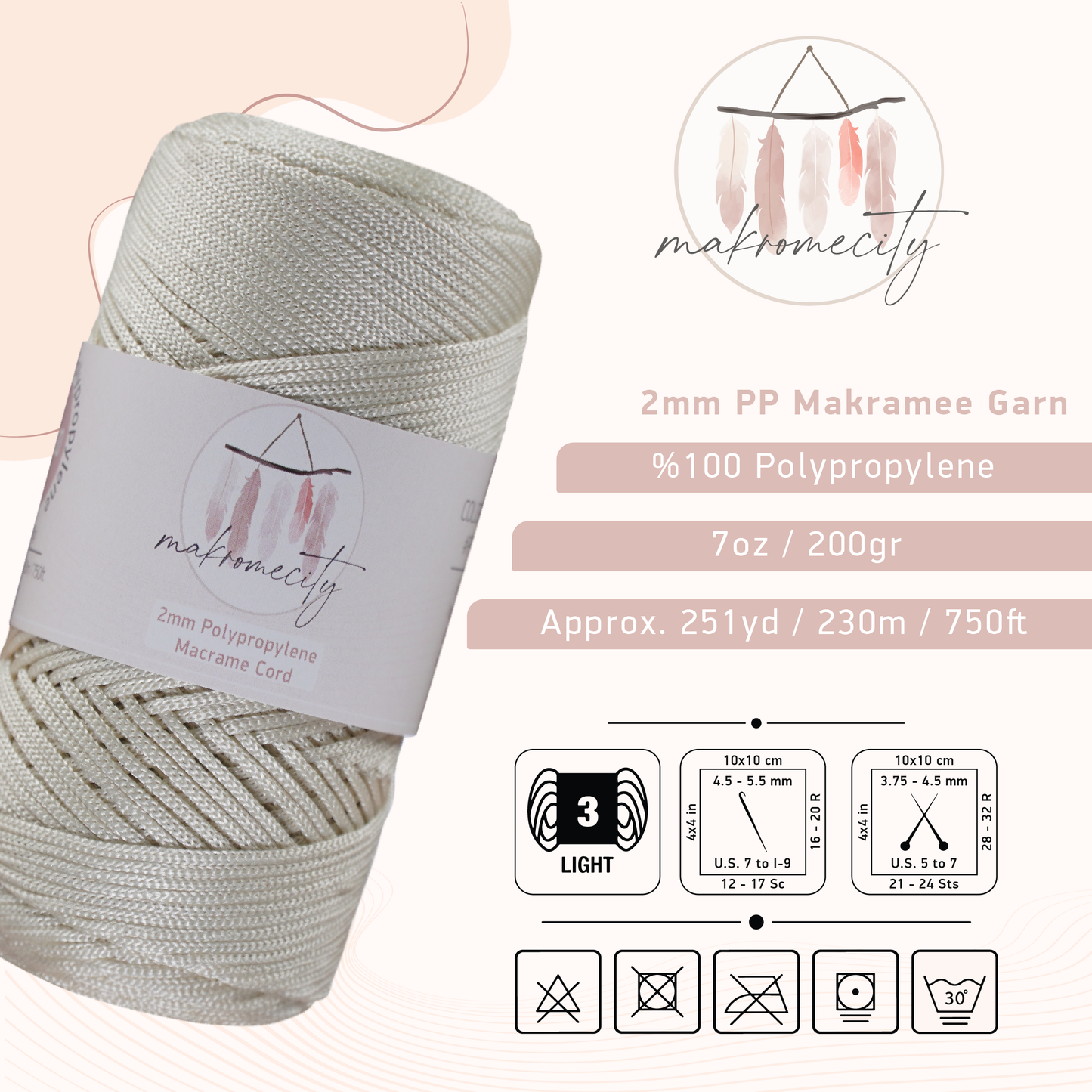 Makramee Garn 2 mm x 230 m Premium-Polyester-Makramee-Kordel – Naturel (Ecru) 