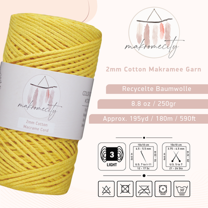 Baumwolle Makramee Garn 2mm x 180m - Gelb 