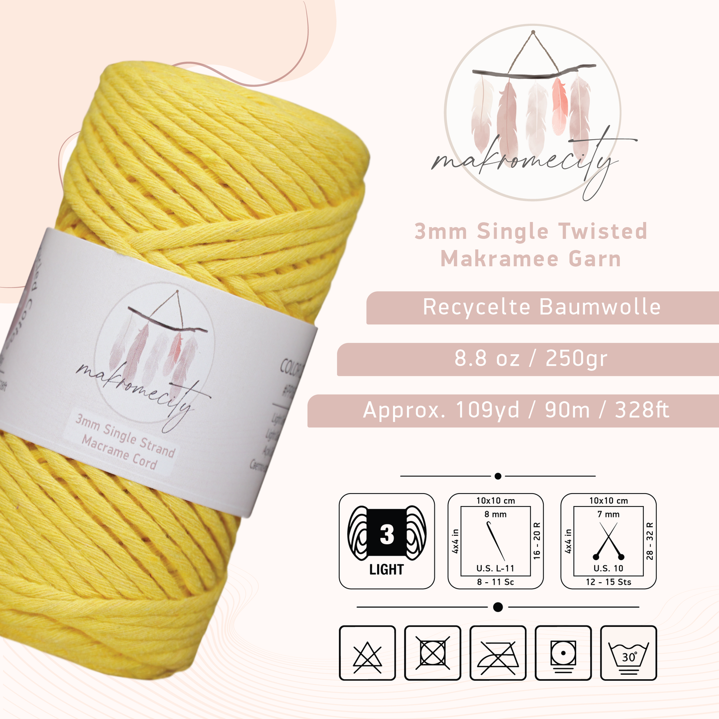 Makramee Garn 3 mm x 100 m Premium Single Twisted Makramee-Schnur – Gelb 