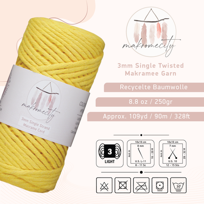 Makramee Garn 3 mm x 100 m Premium Single Twisted Makramee-Schnur – Gelb 