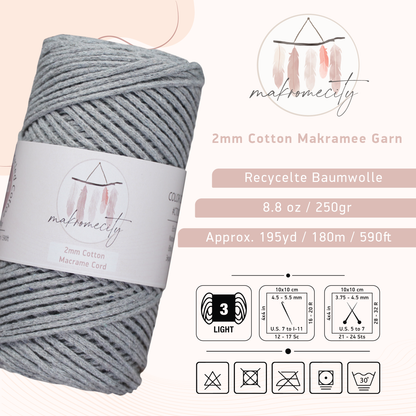 Baumwolle Makramee Garn 2mm x 180m - Grau