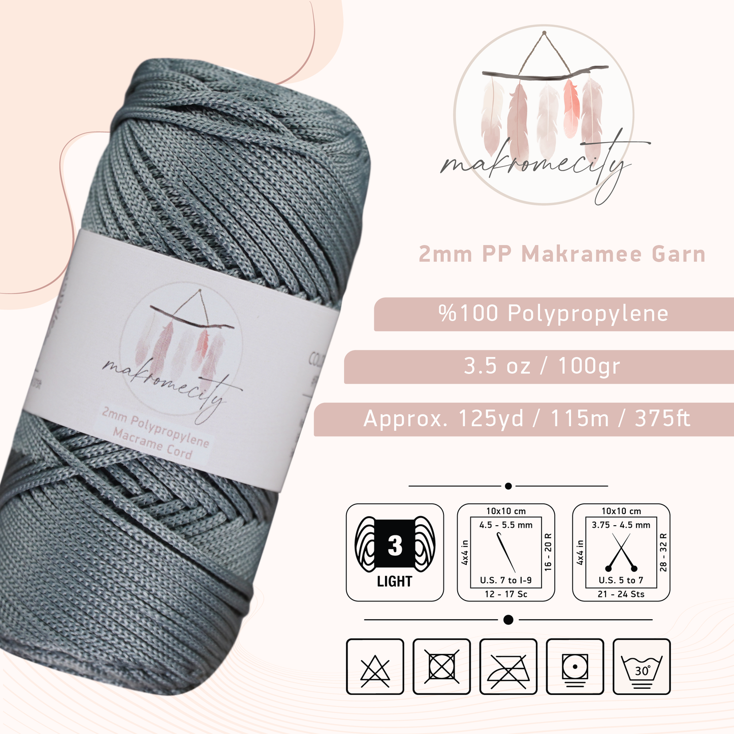 Makramee Garn 2 mm x 115 m Premium-Polyester-Makramee-Schnur – Grau 